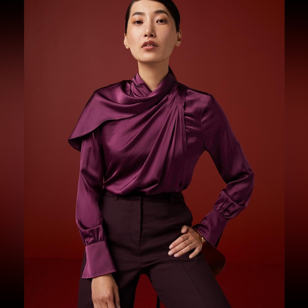 The Fold Womens Blouse Top Sz 6 Burgundy Silk Satin Draped Neck Office Work